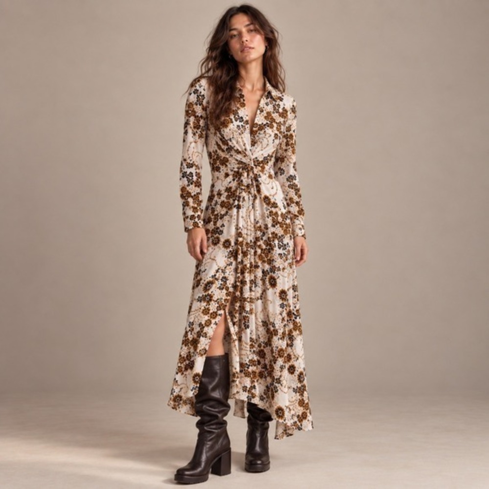 Free People Tough Love Floral Midi Shirt Dress Twist Front Sz 2